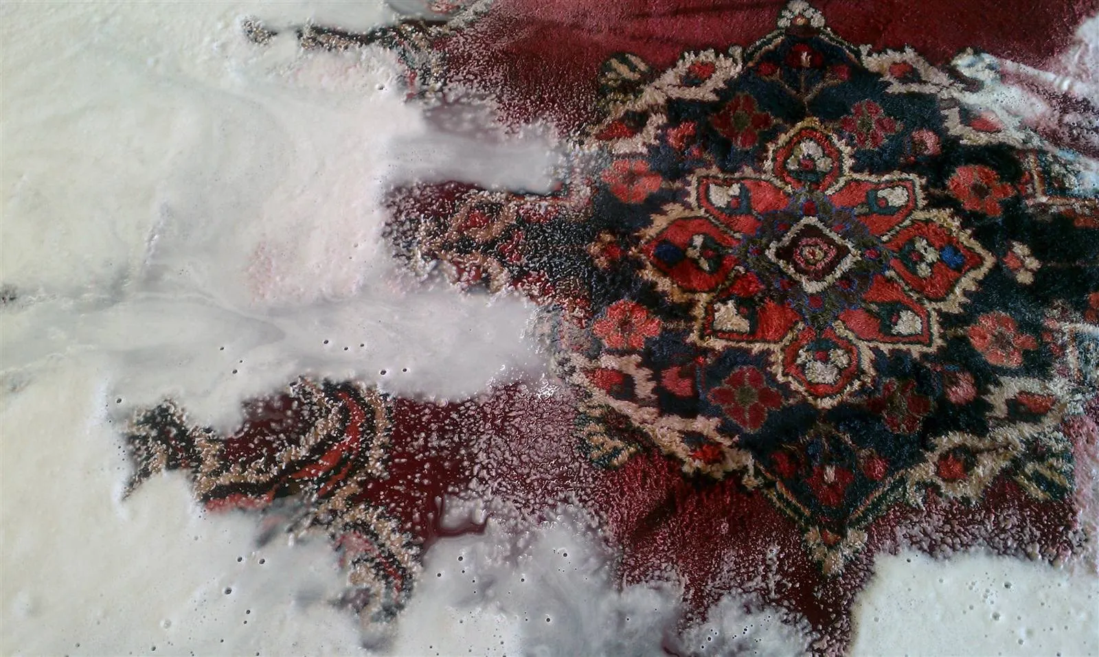 Persian rug mid-wash, covered in cleaning suds at our Delray Beach shop