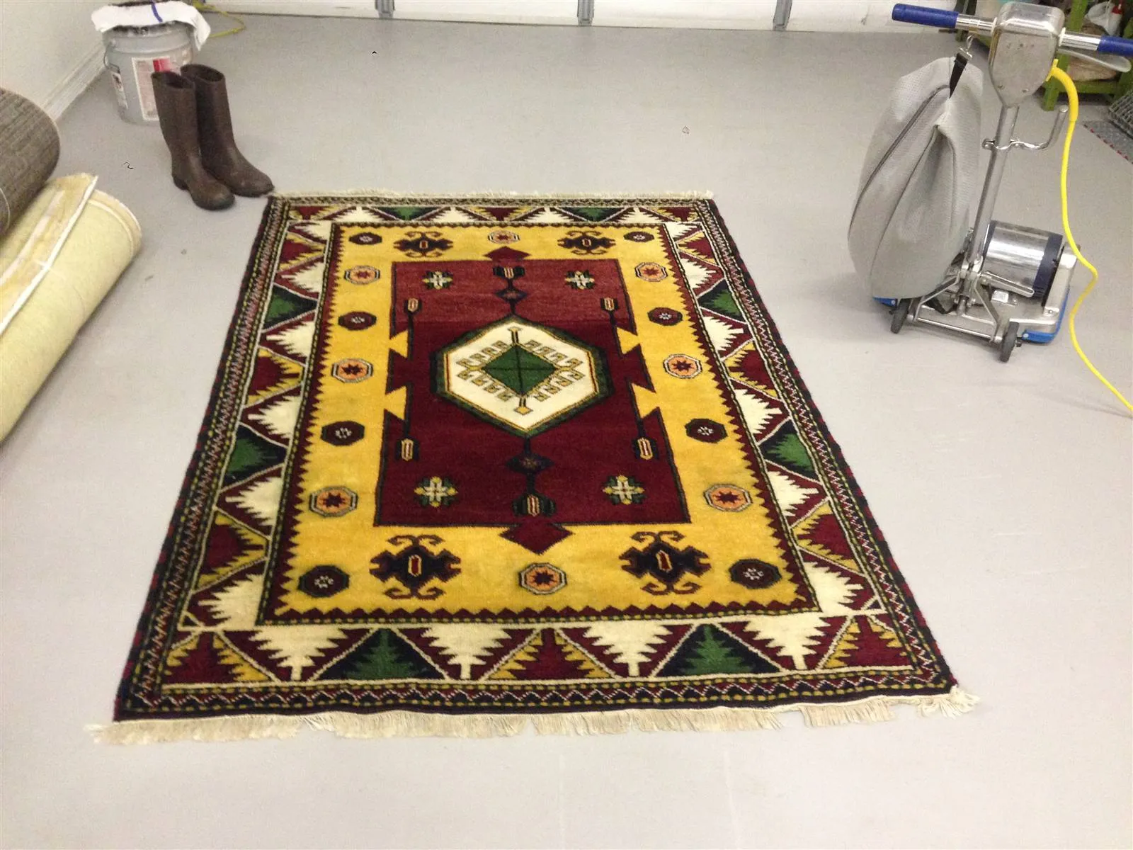 Hand-knotted tribal rug freshly cleaned at our Delray Beach rug shop